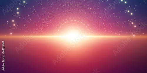 Vector infinite space background. Matrix of glowing stars with illusion of depth and perspective. Abstract cyber fiery sunrise over sea. Abstract futuristic universe on dark violet background.