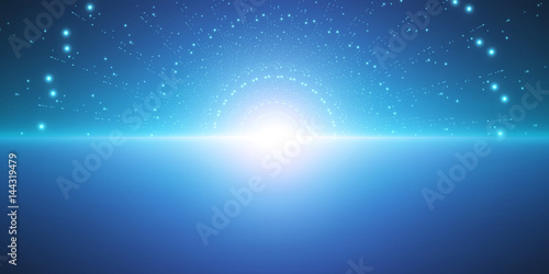 Vector infinite space background. Matrix of glowing stars with illusion of depth and perspective. Abstract cyber fiery sunrise over sea. Abstract futuristic universe on light blue background.