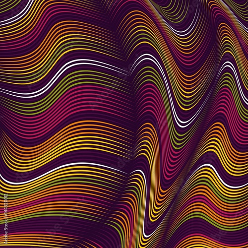 Vector warped lines background. Flexible stripes twisted as silk forming volumetric folds. Colorful stripes with variable width. Modern abstract creative backdrop.
