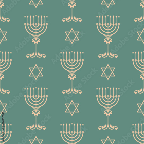 Vector hanukkah seamless pattern with menorah, dreidel and david star. Luxury traditional ornament, seamless texture for wallpapers, textile,