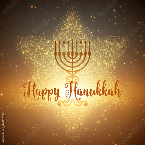 Vector Hanukkah background with menorah and david star. Shining stars and sun on the back. Happy Hanukkah background. Elegant greeting card.