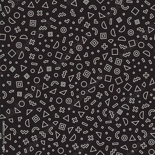 Seamless primitive jumble minimalism patterns. Randomly scattered geometric shapes. Abstract retro backgroun