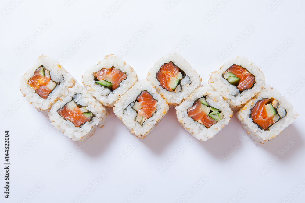 Japanese seafood sushi , roll a white background Japanese seafood sushi , roll a white background