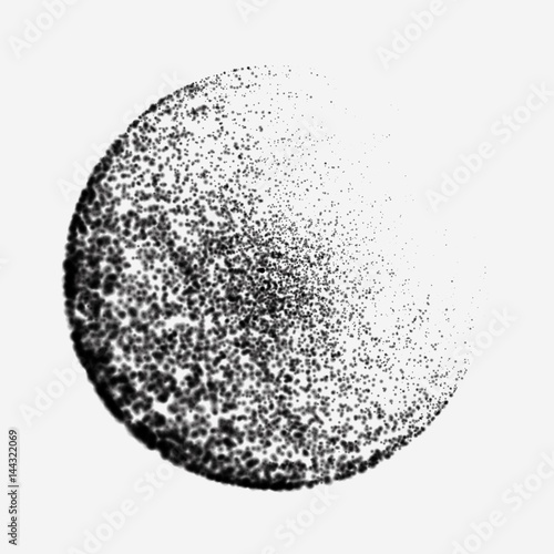 Abstract vector destroyed mesh spheres. Sphere breaking apart into points. Futuristic technology style. Flying point debrises. Monochrome. Elegant background for business presentations. eps10