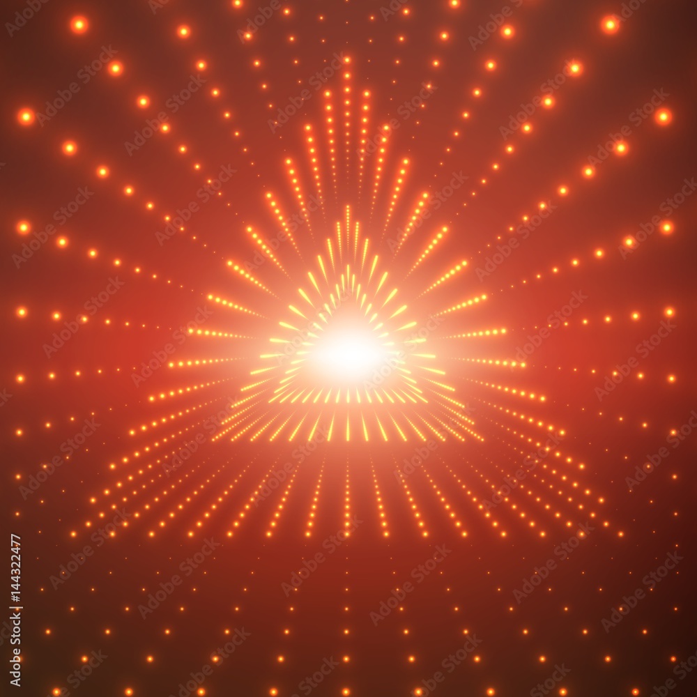 Vector infinite triangular tunnel of shining flares on red background. Glowing points form tunnel sectors. Abstract cyber colorful background for your designs. Elegant modern geometric wallpaper. Vector infinite triangular tunnel of shining flares on red background. Glowing points form tunnel sectors. Abstract cyber colorful background for your designs. Elegant modern geometric wallpaper.
