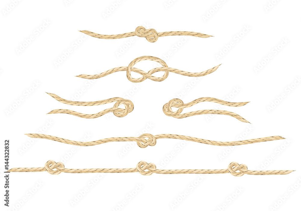 A set of realistic vector linen string knots. An illustration of different types of knots and linen string patterns. A set of realistic vector linen string knots. An illustration of different types of knots and linen string patterns.
