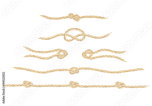 A set of realistic vector linen string knots. An illustration of different types of knots and linen string patterns.