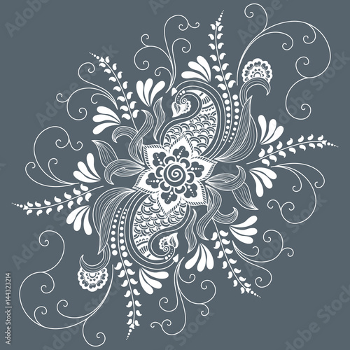 Fototapeta Naklejka Na Ścianę i Meble -  Vector illustration of mehndi ornament. Traditional indian style, ornamental floral elements for henna tattoo, stickers, mehndi and yoga design, cards and prints. Abstract floral vector illustration.