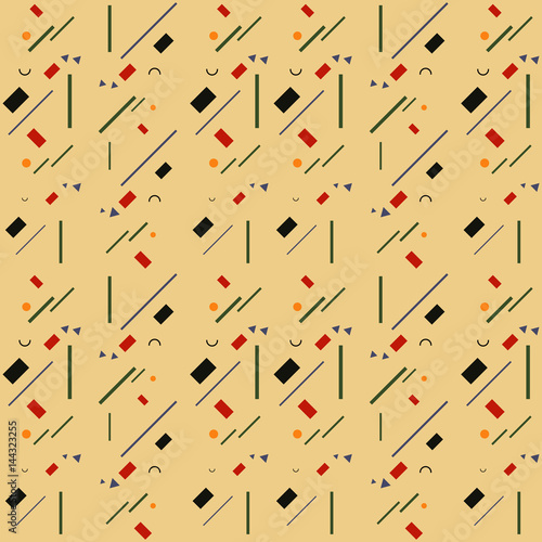Geometric, modern vector seamless pattern in russian avant garde suprematisme style. Simple shapes - circles, squares, triangles, lines and semi circles in primary colors on beige background.