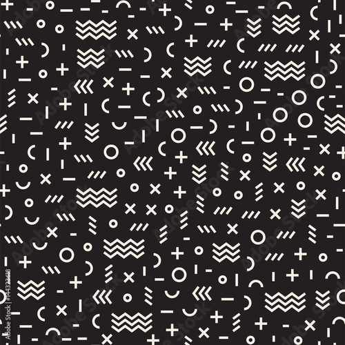 Retro geometric line shapes seamless patterns. Abstract jumble textures. Black and white scattered shapes