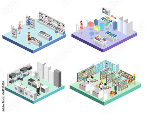 isometric interior shopping mall, grocery, computer, household, equipment store.
