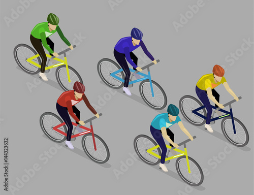 Isometric flat group of cyclists man in road bicycle racing.