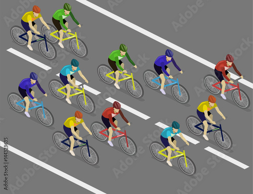 Isometric flat group of cyclists man in road bicycle racing.