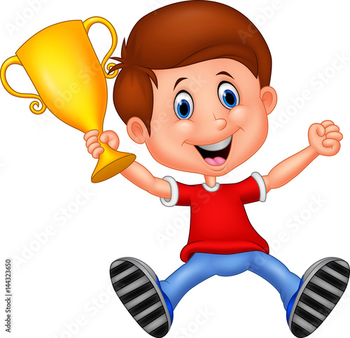 Cartoon boy winning a gold trophy