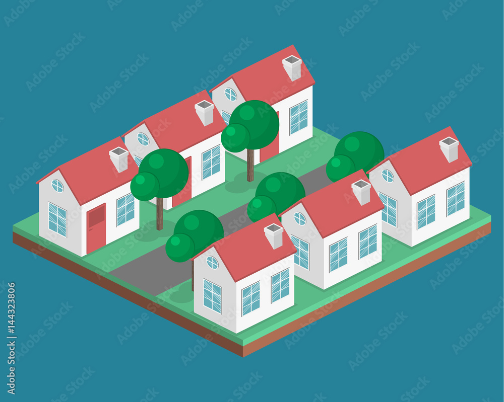 Isometric flat 3D vector cityscape. District with small single-storey houses