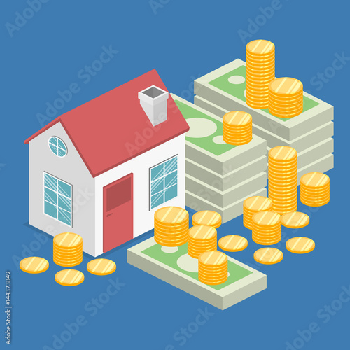 Isometric flat 3D vector House and real estate money investment.