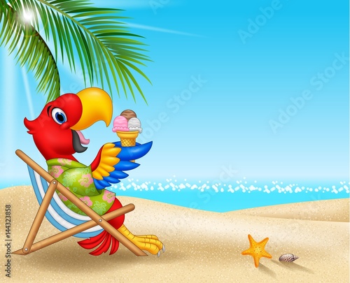 Cartoon macaw sitting on beach chair and eating an ice cream
