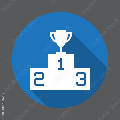 Winners podium with trophy flat icon. Round colorful button, circular vector sign with long shadow effect. Flat style design