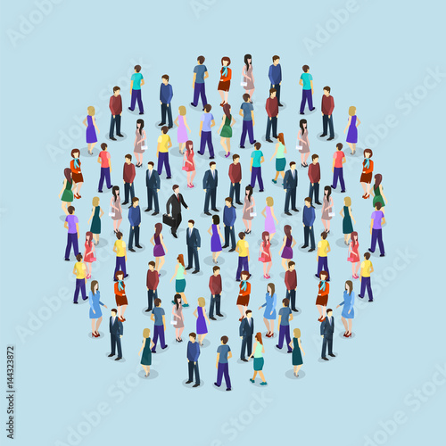 Isometric flat 3D isolated concept vector a large crowd of people standing in the shape of a circle