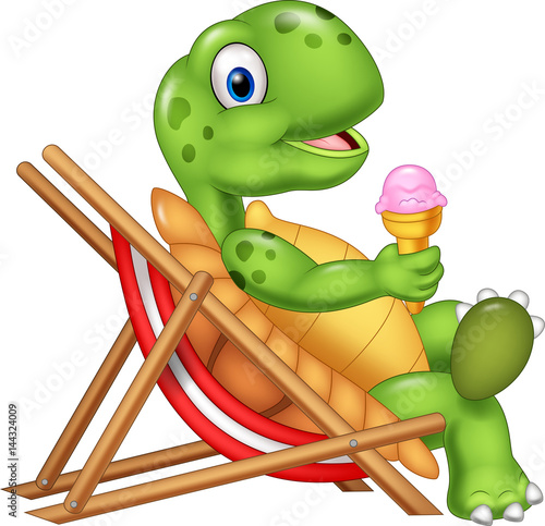 Cartoon turtle sitting on beach chair and holding an ice cream