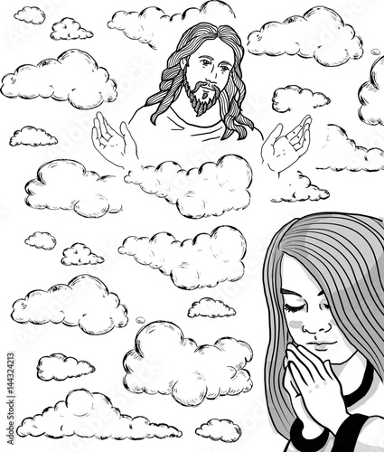 Prayer girl and Jesus in the sky photo