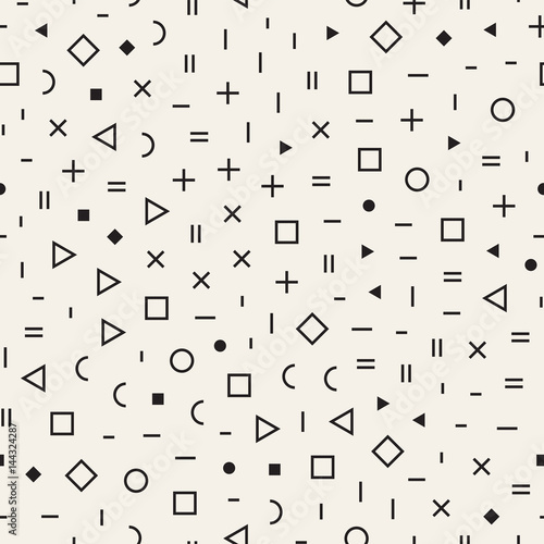 Scattered Geometric Shapes. Inspired by Memphis Style. Abstract Background Design. Vector Seamless Black and White Irregular Pattern.