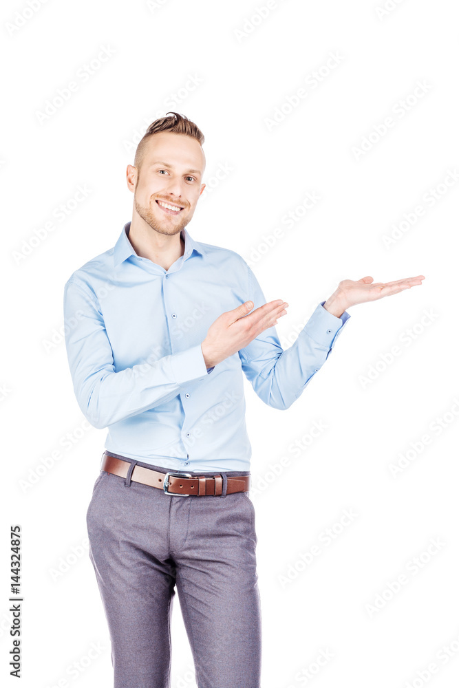 man presenting or showing something your text or product. human emotion expression and lifestyle concept. image on a white studio background. man presenting or showing something your text or product. human emotion expression and lifestyle concept. image on a white studio background.