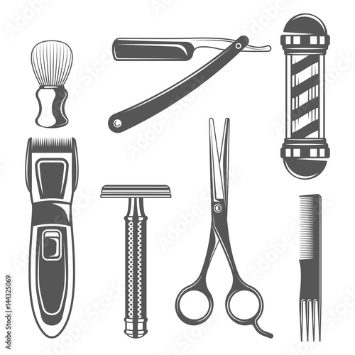 Set of vintage barber shop elements in monochrome style