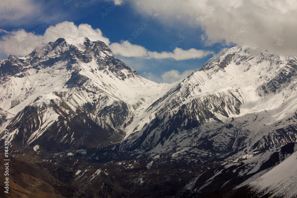 Panorama of Thorong La (Thorung La) mountain pass in the Damodar Himal, north of the Annapurna Himal, in central Nepal