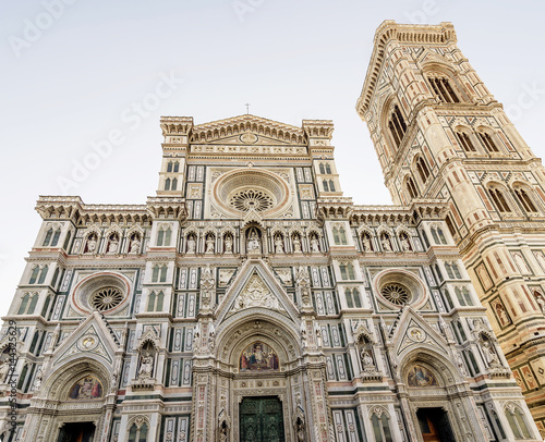 Beautiful bottom view of the Baptistery and Duomo Cathedral of Santa Maria del Fiore in Florence  Italy  on a sunny day