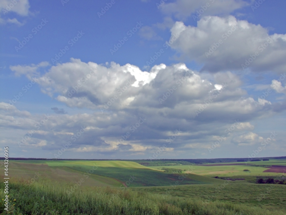 green field with clouds