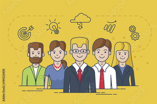 Project teamwork concept illustration of business people working together as team. 
The best features of team, Ideas, respect, management, goals, action.