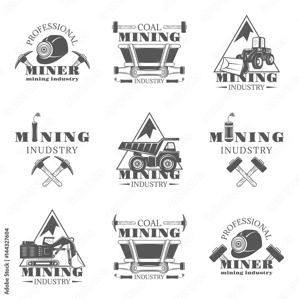 Mining industry set of vector monochrome vintage emblems, labels, badges and logos isolated on white background.