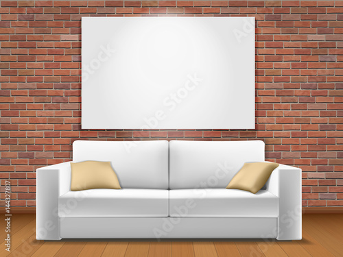 Modern white sofa in interior with red brick wall. Realistic vector illustration.