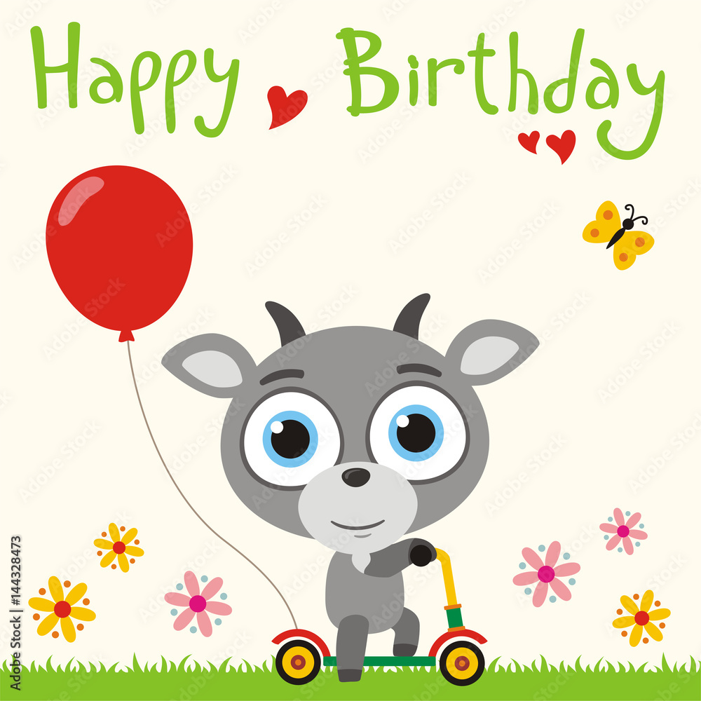 Happy birthday! Funny goat going on scooter with red balloon. Birthday ...