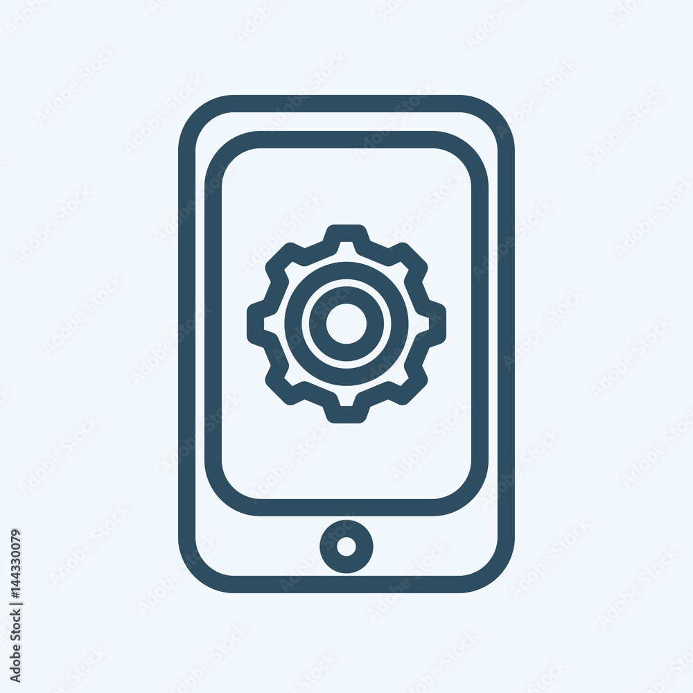 Mobile phone and gear. Vector icon for technical support, hardware service, design department, heavy industry. linear design Mobile phone and gear. Vector icon for technical support, hardware service, design department, heavy industry. linear design