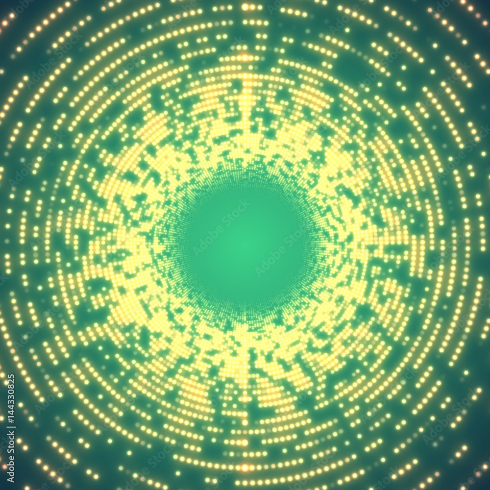 Vector infinite round tunnel of shining flares on green background. Glowing points form tunnel sectors. Abstract cyber colorful noise background for your designs. Elegant modern geometric wallpaper.