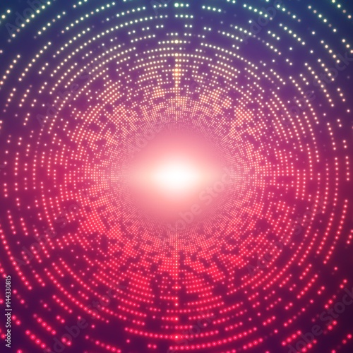 Vector infinite round tunnel of shining flares on violet background. Glowing points form tunnel sectors. Abstract cyber colorful noise background for your designs. Elegant modern geometric wallpaper.