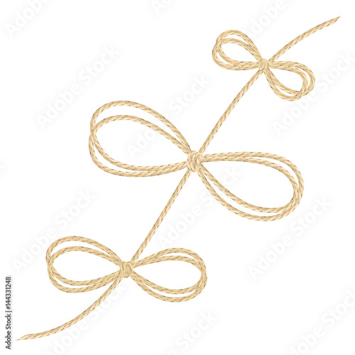 A set of realistic double linen string bows. Vector illustration of different types of ribbons and linen string patterns.
