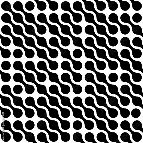 Abstract background of black connected dots in diagonal arrangement on white background. Molecule theme wallpaper. Seamless pattern vector illustration.