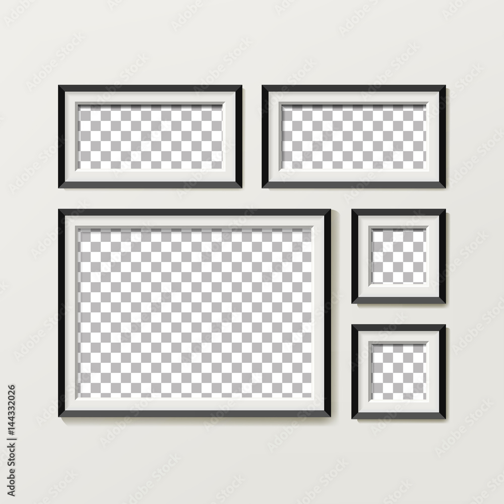 Blank Picture Frame Template Composition Set. Gallery Interior With Empty Wooden Frames Indoor Vector Design