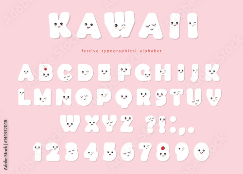 Paper cut out kawaii font with funny smiling faces. For birthday greeting cards, party invitation, kids design.
