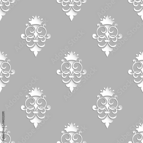 Vector damask seamless pattern background. Elegant luxury texture for wallpapers  backgrounds and page fill. 3D elements with shadows and highlights. Paper cut.