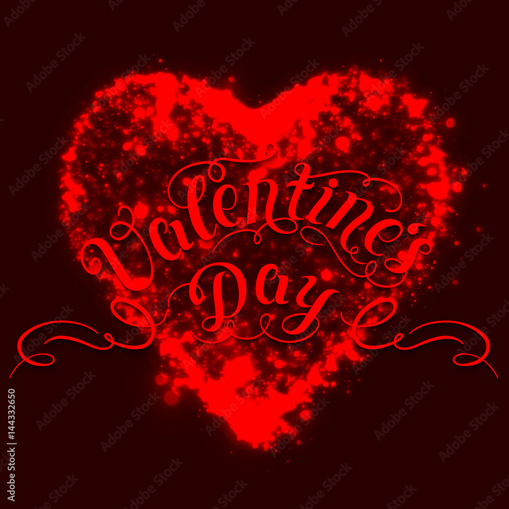 Happy Valentine's day vector card. Shining lights from heart shape on the dark red background. Abstract modern background for gift or invitation card for your love.