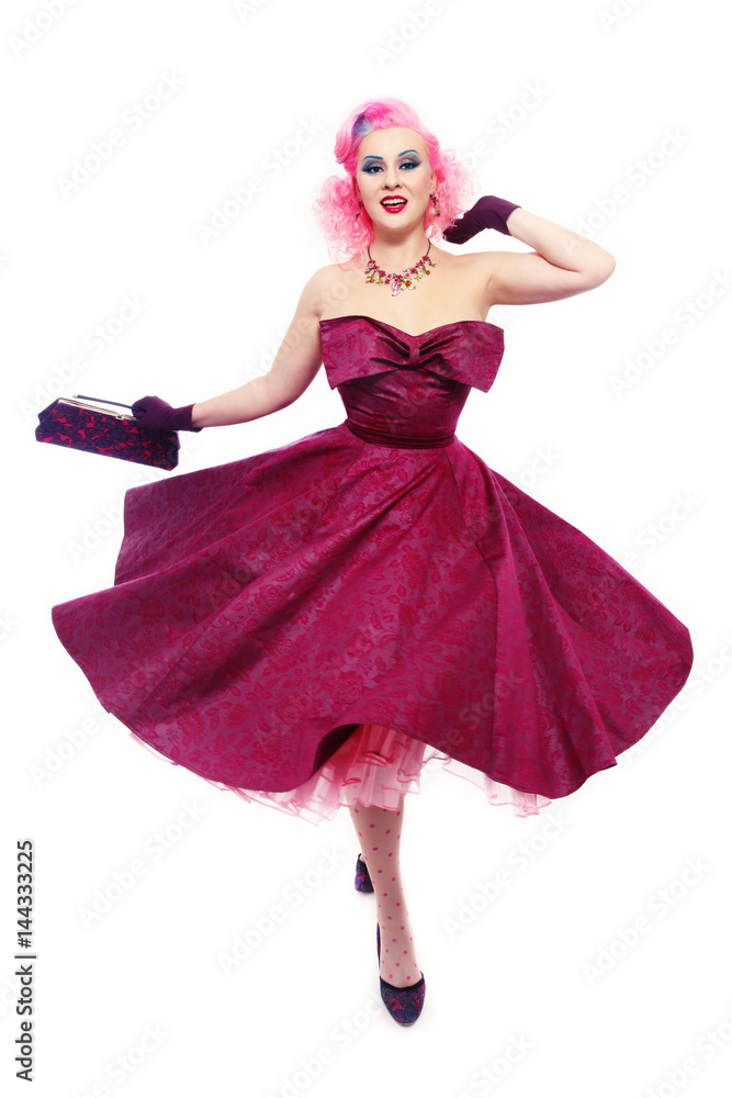 Beautiful sexy happy pink-haired girl in gorgeous vintage dress over white background