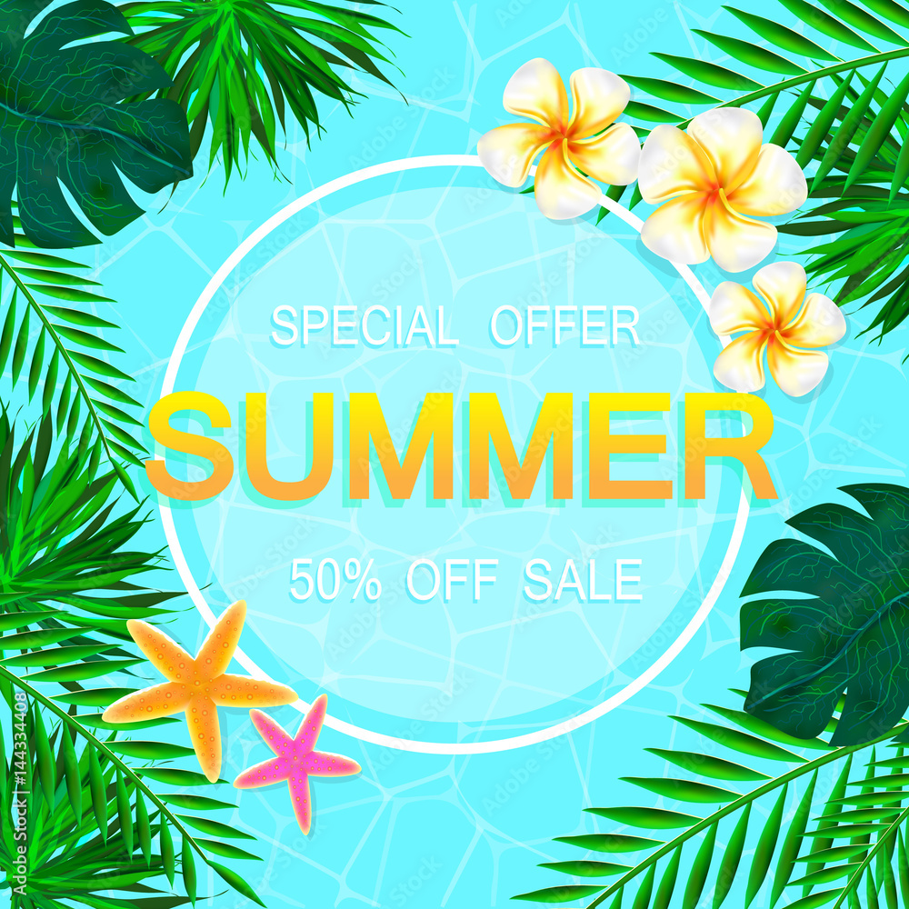Plakat Summer sale Concept. Summer background with tropical flowers. Template Vector