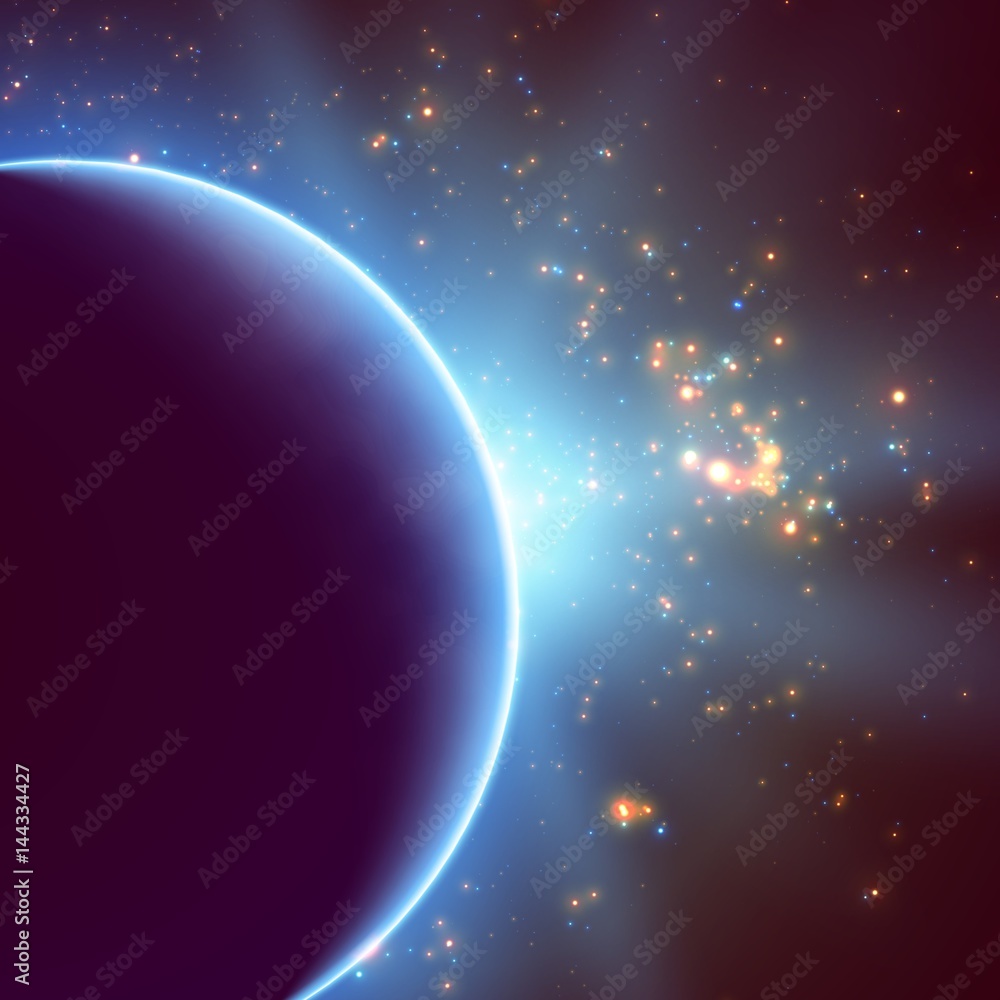 Abstract vector violet background with planet and eclipse of its star. Bright star light shine from the edge of a planet. Sparkles of stars on the background.