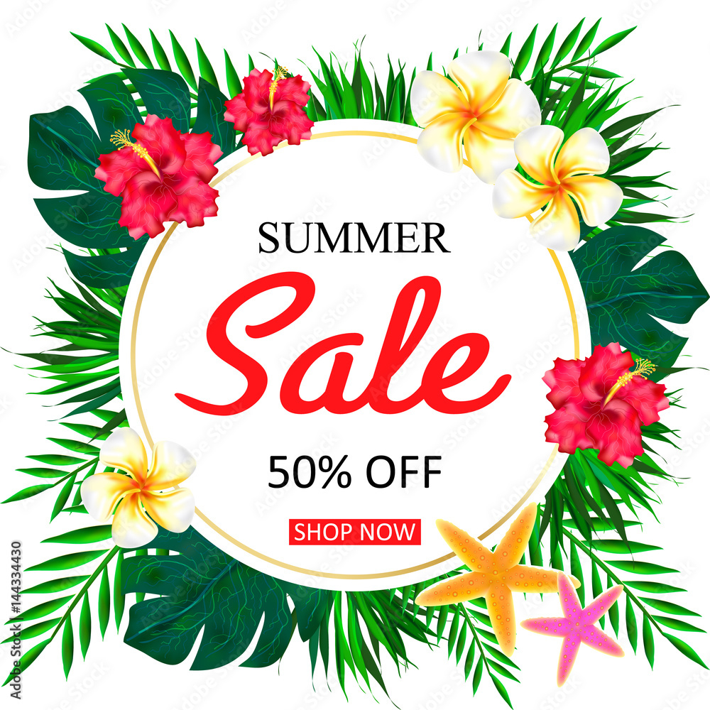 Summer sale Concept. Summer background with tropical flowers. Template Vector Summer sale Concept. Summer background with tropical flowers. Template Vector