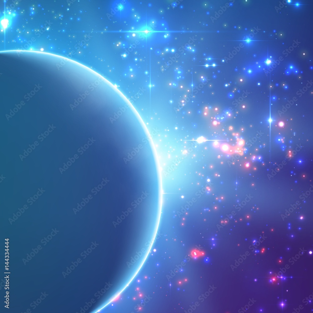 Abstract vector blue background with planet and eclipse of its star. Bright star light shine from the edge of a planet. Sparkles of stars on the background.