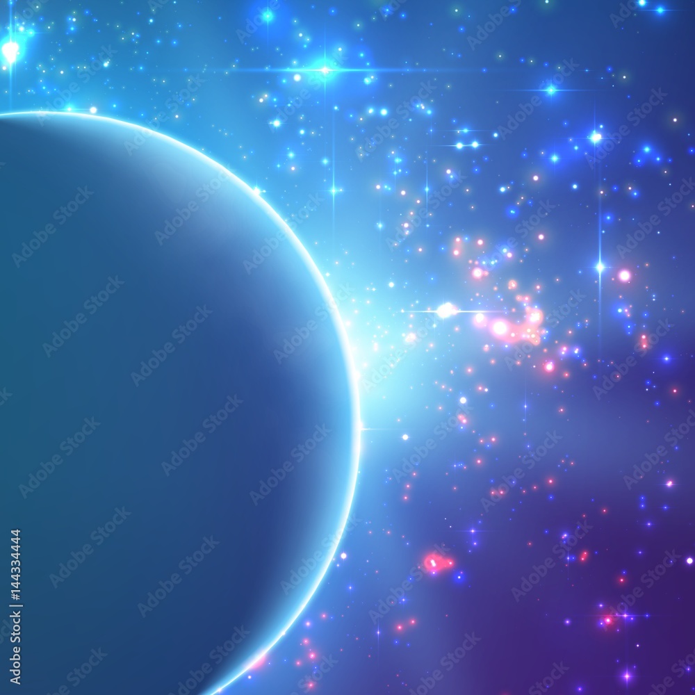 Obraz premium Abstract vector blue background with planet and eclipse of its star. Bright star light shine from the edge of a planet. Sparkles of stars on the background.